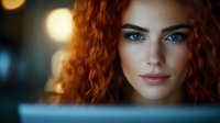Young Caucasian woman with curly red hair and blue eyes working on laptop computer in evening light with bokeh background for business concepts.
