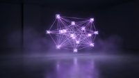 Glowing purple neon network nodes connected by luminous lines floating in dark space, representing digital connectivity, data transfer, and technology infrastructure.
