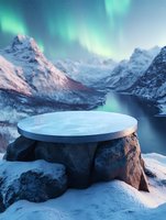 Frozen platform on snowy rocks against majestic mountain landscape with northern lights dancing in night sky over fjord waters. Atmospheric winter scene.
