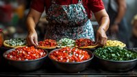 Fresh colorful ingredients in metal bowls with cook wearing patterned apron preparing food in restaurant kitchen, focus on vibrant chopped vegetables and garnishes.