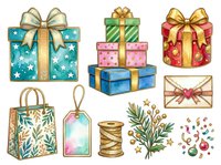 Festive wrapped gift boxes with bows, shopping bag, gift tag, twine, botanical elements and decorative ornaments isolated on white background, ready for holiday design projects and seasonal marketing materials.
