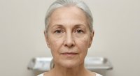 Senior Caucasian woman with gray hair in medical or spa setting, mature female patient portrait for healthcare, wellness and beauty treatment concepts.