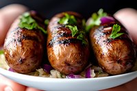 Grilled sausages with fresh herbs and sauerkraut garnished with purple onion slices on white plate, close up view of juicy meat dish with charred marks.