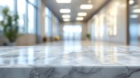 Empty marble table surface in modern office lobby with blurred background for product display and presentation purposes.