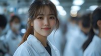 Young Asian female medical professional in white coat smiling warmly at camera in hospital hallway setting with blurred background of colleagues wearing protective masks.