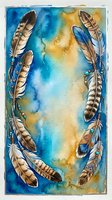 Watercolor feathers frame with blue and golden tones creating decorative border on textured paper background for bohemian design projects and spiritual artwork.