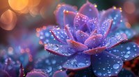 Vibrant purple lotus flower with morning dew drops against blurred bokeh background, creating magical atmosphere with water droplets on petals.