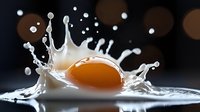 Milk splash crown formation around orange egg yolk creating dynamic liquid motion against dark background with bokeh lights for culinary advertising.