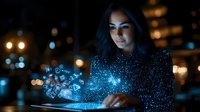 Young Asian woman using futuristic holographic interface at night with glowing blue digital elements and bokeh lights creating magical technology atmosphere.