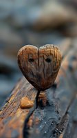 Weathered wooden heart with natural grain texture and cracks on rustic timber background, creating romantic vintage atmosphere. Artistic macro photography.