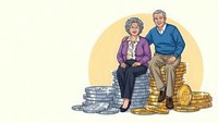 Happy senior couple sitting on stacks of coins and money representing retirement savings, financial security and wealth planning for elderly people.