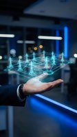 Businessman hand displaying holographic network connections in modern office environment for digital transformation and connectivity concepts.