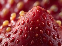 Fresh strawberry macro with water droplets on vibrant red surface, showing detailed texture and yellow seeds for food photography.