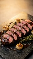 Sliced grilled beef steak with mushrooms and herbs on dark slate board, gourmet meat dish for restaurant menu and culinary photography.