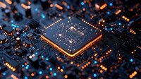 Glowing microprocessor on circuit board with orange and blue lights creating futuristic technology mood, macro photography of electronic components.