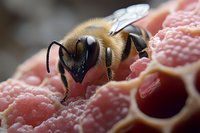 Macro shot of honey bee collecting nectar from pink honeycomb cells, showing detailed compound eyes, antennae and head features against blurred background.