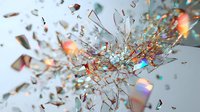 Explosive burst of colorful confetti and metallic fragments scattered in dynamic motion with prismatic light effects and rainbow reflections.