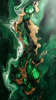 Abstract fluid art in emerald green and metallic gold with swirling marble effect and crystalline formations creates luxury modern wall decor background.