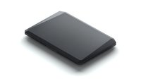 Sleek black portable external hard drive on white background, isolated for tech, storage, and digital backup design projects.