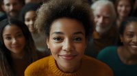 Young African American woman with natural afro hair wearing yellow sweater smiling warmly at camera, with diverse group of people in background creating positive atmosphere.