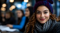 Young mixed race woman with curly hair wearing winter knit beanie and scarf smiles warmly at camera, blurred background with bokeh lights creates cozy atmosphere.