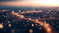 Glowing network connections with orange bokeh lights on dark background create futuristic technology landscape for business and connectivity concepts.