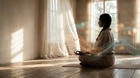 Young African American woman practicing mindfulness meditation in sunlit bedroom with flowing curtains creating peaceful morning atmosphere for wellness and self-care.