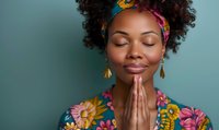 Young African American woman with natural curly hair and colorful floral headband praying peacefully, wearing matching floral outfit against turquoise background.