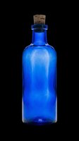 Vintage blue glass bottle with cork stopper, isolated on transparent background, ready for design use on t-shirts, posters, stickers, and print-on-demand products.