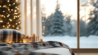 Cozy winter morning with wrapped gifts on plaid blanket by window overlooking snowy forest landscape, Christmas tree lights glowing in background.