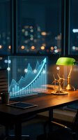Holographic financial growth chart with upward arrow displayed on laptop screen in modern office at night with glowing lightbulb symbolizing innovation and success.