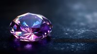 Sparkling purple and blue diamond crystal on dark textured surface with dramatic lighting and reflections creating magical luxury atmosphere.