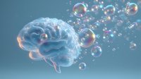Glowing translucent brain with colorful soap bubbles floating against blue background, representing mental clarity, cognitive function, and creative thought process.