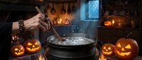 Witch stirring magical potion in cauldron surrounded by glowing jack-o-lanterns, hanging herbs, and mystical blue light for Halloween, fantasy, and witchcraft themed designs.