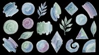 Watercolor shapes and botanical leaves clipart set in muted blue, green, and purple tones, isolated on transparent background, ready for stickers, T-shirts, and print on demand.