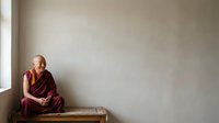 Senior Asian male Buddhist monk in traditional maroon and gold robes sitting on wooden bench against neutral wall, contemplative pose for spirituality and meditation concepts.