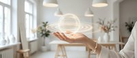 Professional woman holding glowing digital cloud storage icon in modern office workspace representing data management and technology solutions.
