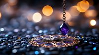 Purple crystal pendant on silver chain with golden bokeh lights creating magical atmosphere against dark background with water drops and reflections.