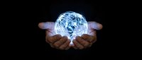 Hands holding glowing digital globe with network connections representing global technology, innovation, and connectivity for business presentations.