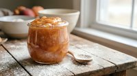Homemade apple butter or fruit preserve in glass jar with spoon on rustic wooden table near window, ready for breakfast or baking ingredient use.