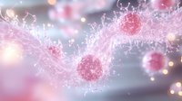 Microscopic view of virus particles with protein spikes floating in blurred pink and gray space, showing detailed molecular structure against soft bokeh background.