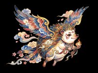 Decorative flying pig with ornate feathered wings and swirling patterns in gold, blue, and red tones. Isolated on transparent background, ready for t-shirts, stickers, clipart, sublimation, and print-on-demand designs.