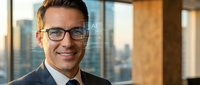 Professional businessman with glasses smiling confidently in modern office with city skyline view through windows for corporate presentations and marketing.