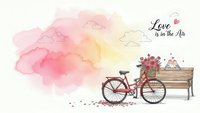 Romantic watercolor scene with vintage red bicycle, wooden bench and flowers against soft pink yellow sky. Love is in the air text for Valentine's Day cards.