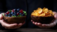 Hands holding wooden bowls with fresh berries versus potato chips showing healthy and unhealthy food choices for diet and nutrition concepts.