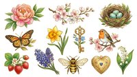 Watercolor spring and garden elements including peony, cherry blossoms, bird nest, monarch butterfly, strawberries, hyacinth, daffodil, vintage key, bee, robin, lily of the valley, and gold heart locket isolated on white background for design projects.