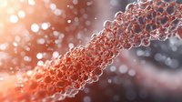 Microscopic view of DNA double helix structure in coral pink and gray tones with bokeh light effect background showing genetic research and biotechnology concept.