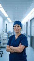 Confident middle-aged Caucasian female surgeon in blue scrubs and surgical cap standing with crossed arms in modern hospital corridor.