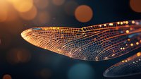 Delicate dragonfly wing with translucent membrane structure illuminated by golden sunset light against dark background with bokeh effect, showing intricate natural patterns.