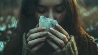 Young woman with long brown hair holding turquoise mineral crystal in hands outdoors. Natural healing stones, gemstone collection, spiritual wellness concept.
